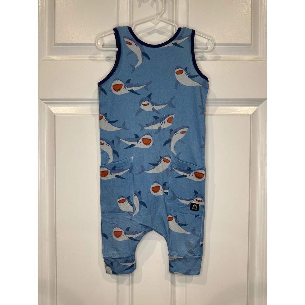 RAGS Blue Shark Print Romper Sleeveless Pockets Size 2T